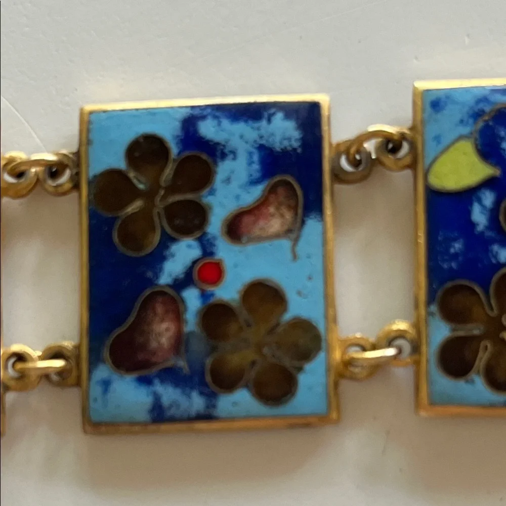 Vintage panel enamel cloisonné turquoise blue gold bracelet - Picture 6 of 17